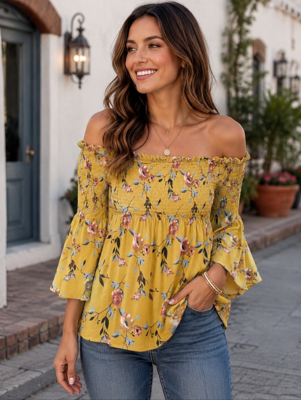 Rewind Mustard Yellow Floral Smocked Off Shoulder Bell Sleeve Top Medium